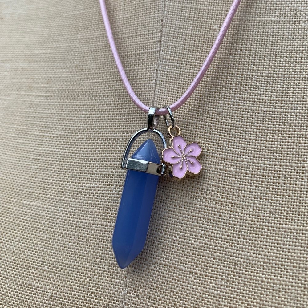 Handmade Periwinkle Crystal Amulet Necklace & Cherry Blossom 🌸 Flower Charm - Picture 3 of 7
